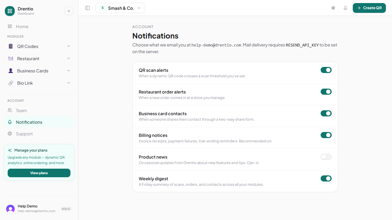 One toggle per notification type — scans, orders, leads, billing, weekly digest.