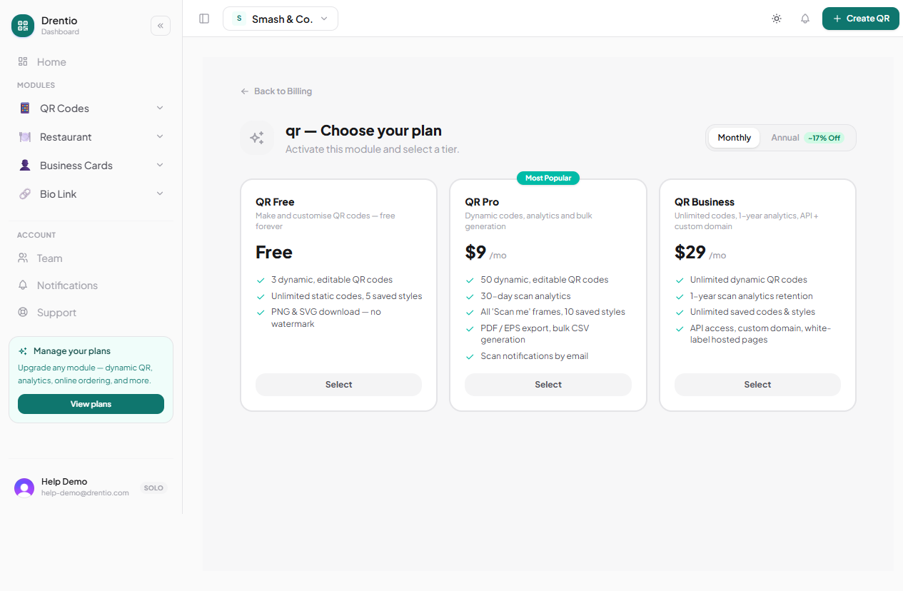 Upgrade flow for QR — Free / Pro / Business tiers side-by-side.