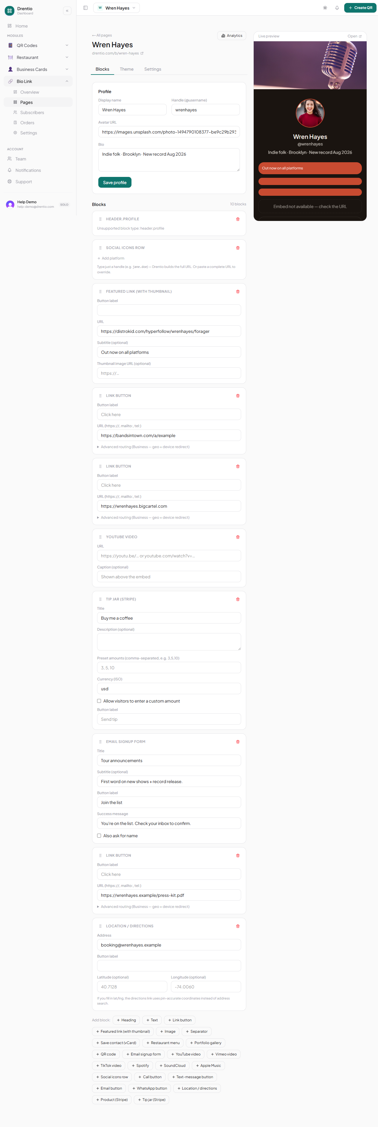 A page with a tip-jar block configured — pick-an-amount donations route to your connected Stripe account.
