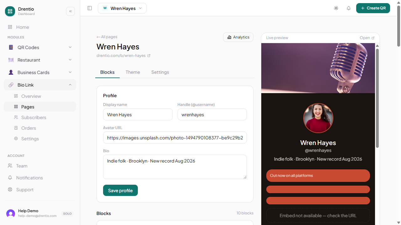 The Bio Link page editor — profile on top, blocks stacked below, live mobile preview on the right.