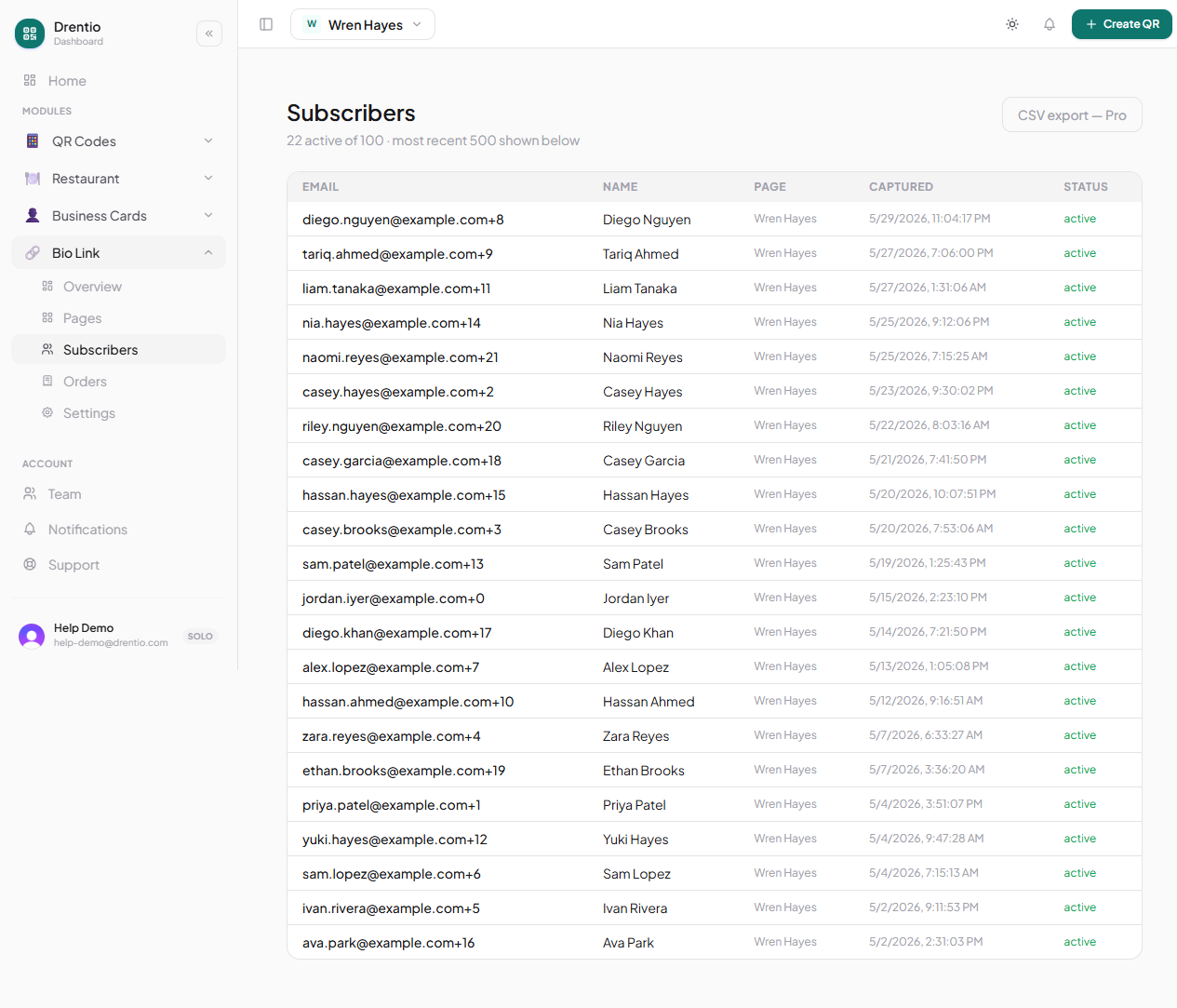 The Subscribers tab — every email captured, sortable + exportable as CSV.