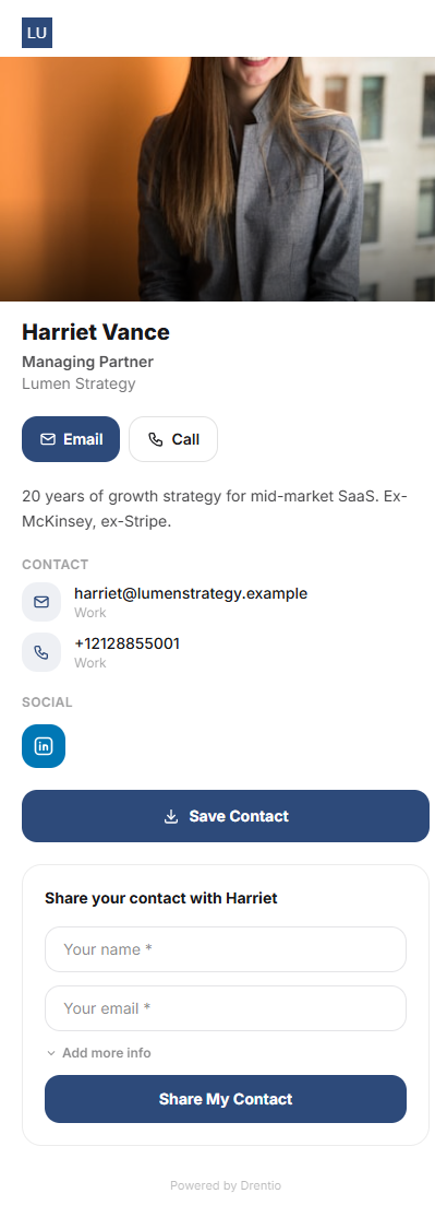 On the public card — Save Contact pulls you into the visitor's address book; the form below collects their details for you.