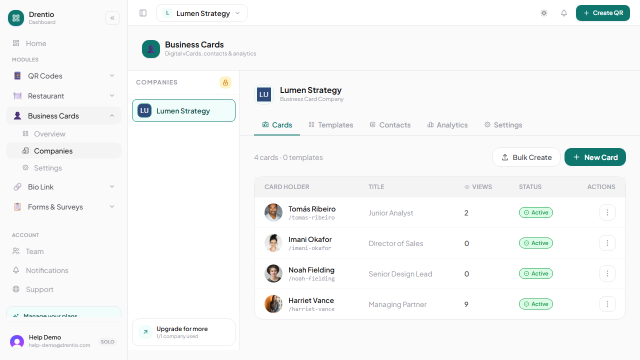 Inside a Company — every card in a sortable table with views, status, and per-card actions.