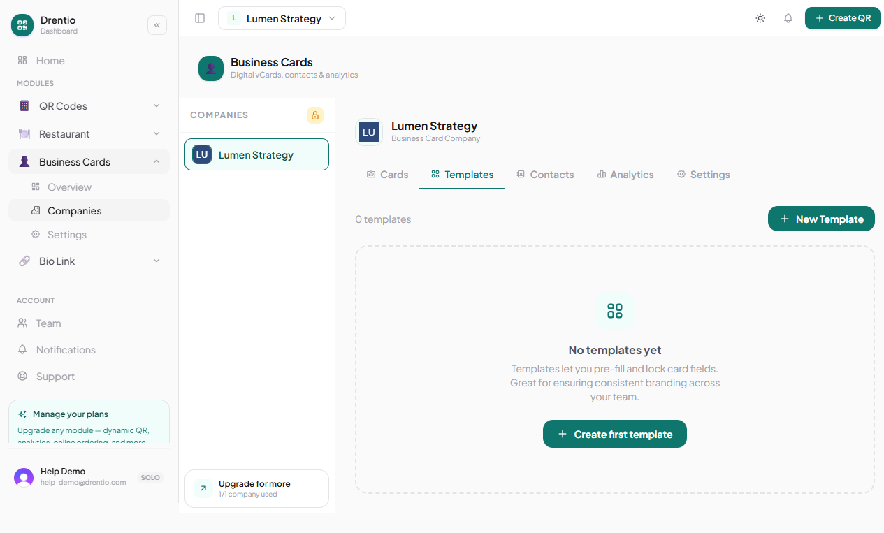 The Templates tab — empty state with the Create-first-template CTA. Pro+ feature.