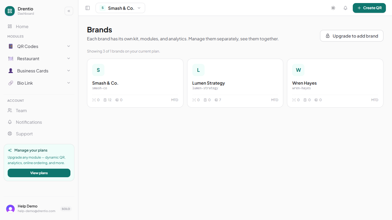 The Brands page — every brand you own, one card each, with monthly activity stats.