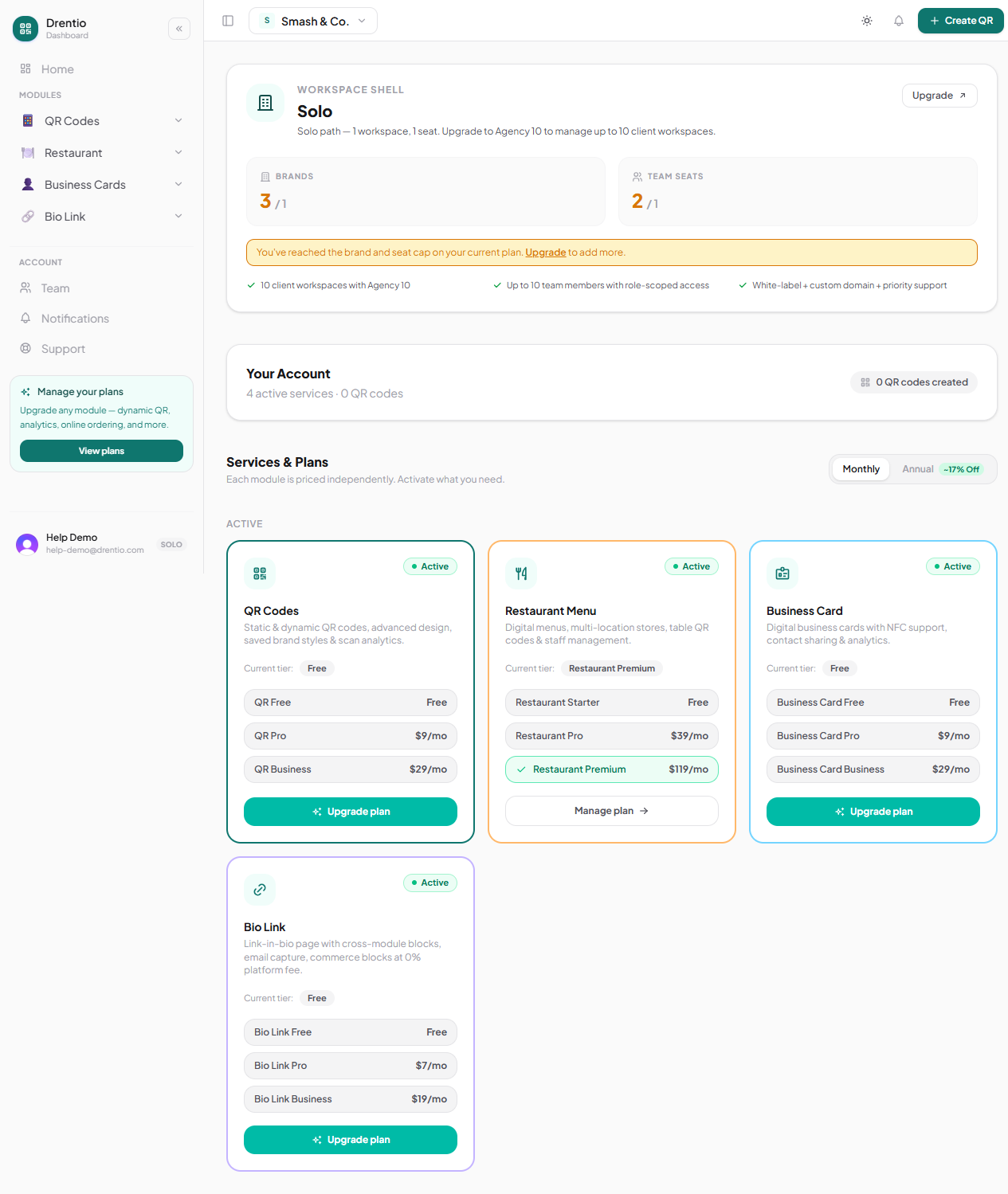 The Plans page — every module side-by-side with its tier. Subscribe to one, all, or none — they're independent.