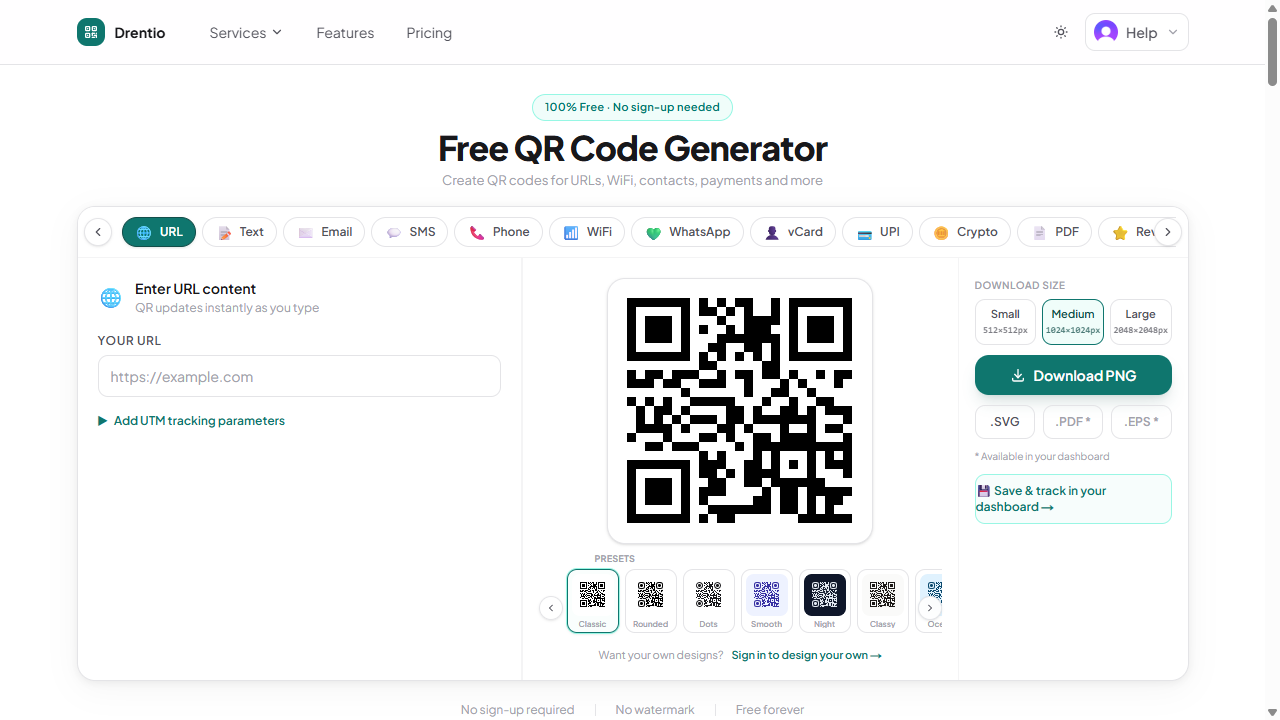The Drentio homepage — try a free QR code without signing up first.