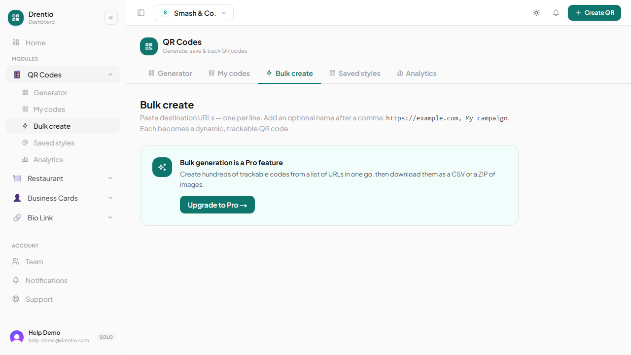 The Bulk Create tab — paste destination URLs, get a CSV + ZIP of QRs back. Pro+ feature.