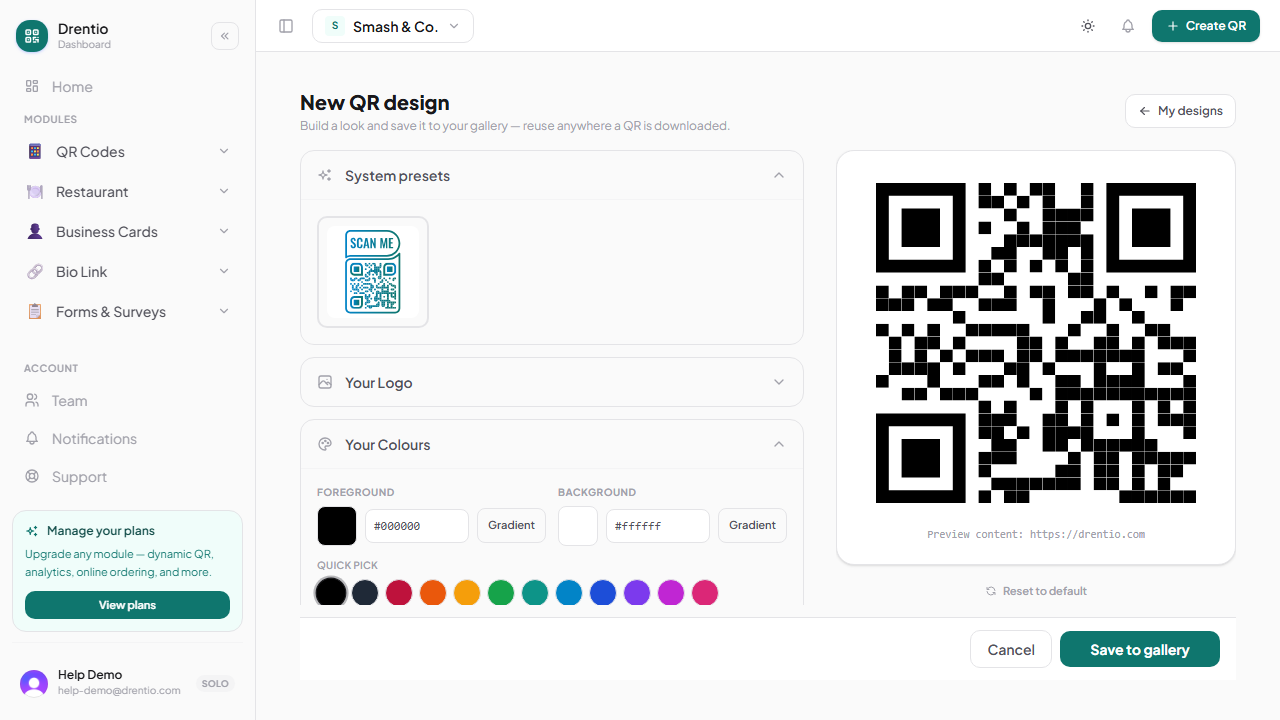 The design templates gallery — start from a preset or build your own.