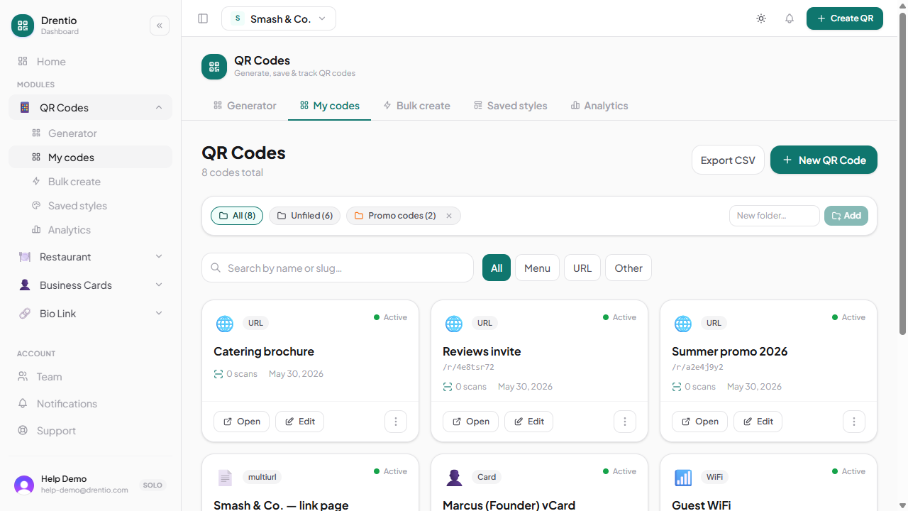 The codes list — every code is labeled URL / Card / WiFi / multiURL etc. Dynamic codes have an editable destination URL.