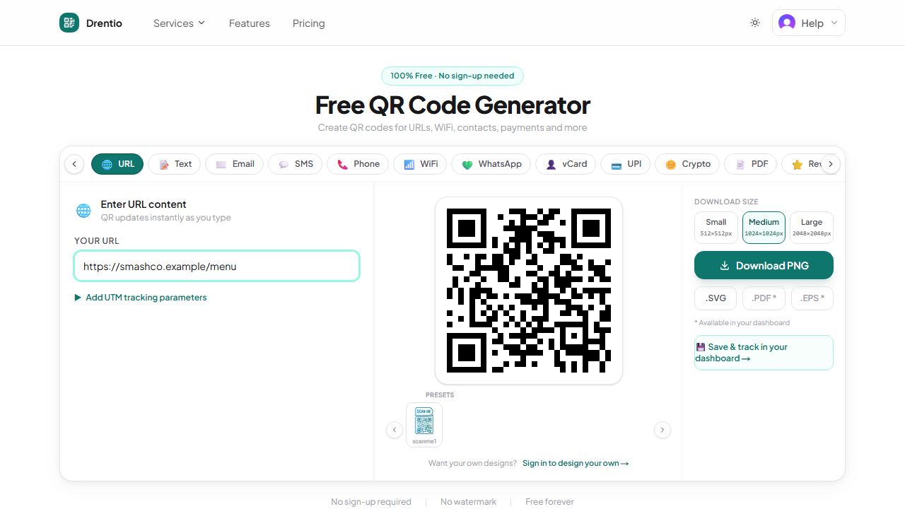 Type a URL — the QR renders instantly. Download it as PNG / SVG / PDF on the right.