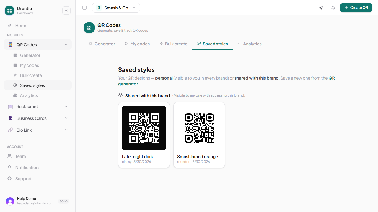 The Saved Styles tab — personal styles are private to you; shared styles are visible to everyone on the brand.
