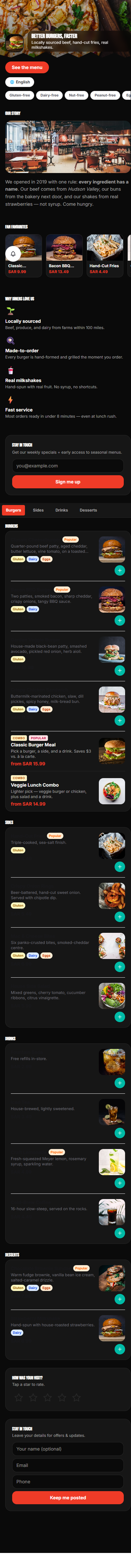 Combos appear inline on the diner menu — tap one to step through slot-by-slot choices.