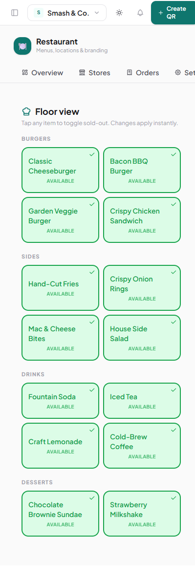 Floor view on a phone — every item grouped by category, tap to toggle Available / Sold Out.