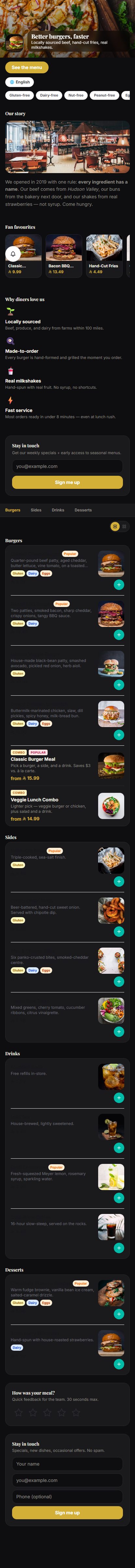 The diner-side menu on mobile — what your guests see after scanning the table QR.